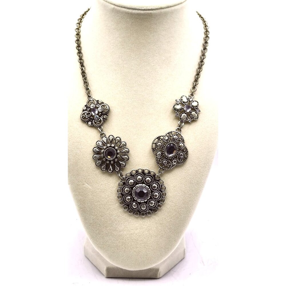 Silver Tone Fancy Disc Necklace With Rhinestone Accents